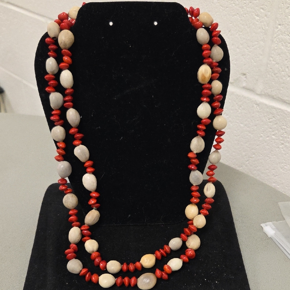 Beaded Seed Necklace Red And Cream Long